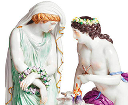 愛化身為一位手戴花圈的女子，象徵人性的內在純淨與聖潔。在她眼前的年輕人，手持著蝴蝶，眼神混合著憂傷和難以理解的神秘。